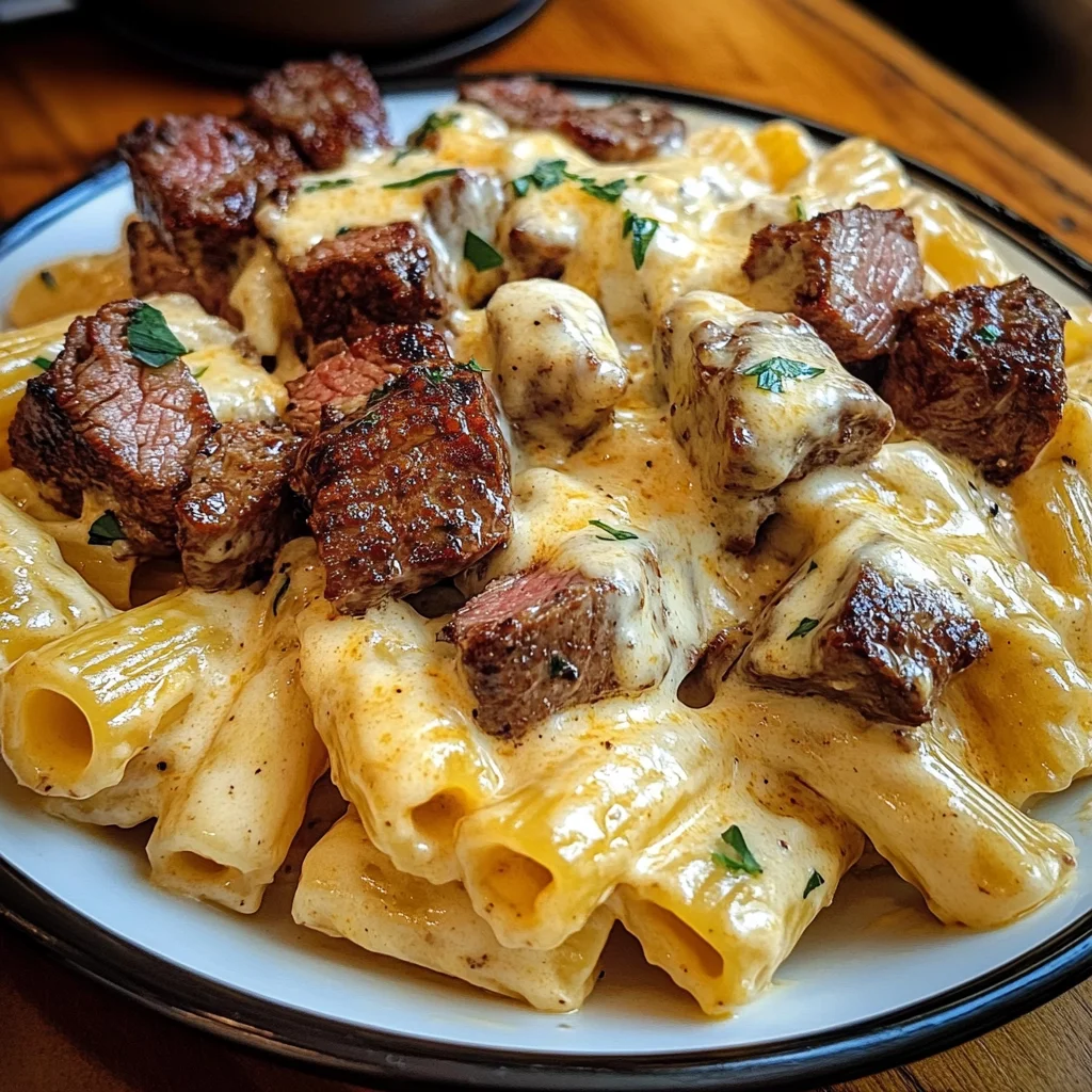 Cajun Steak with Creamy Rigatoni Cheese Sauce