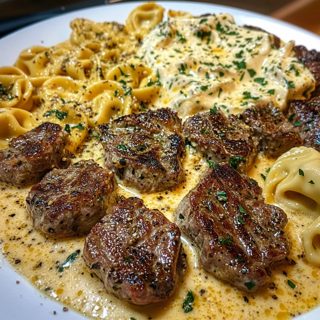 Cheesy Garlic Herb Alfredo with Steak and Tortellini