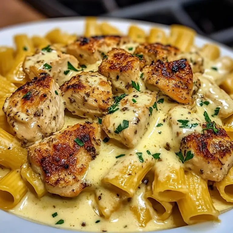 Creamy Chicken Bites with Rigatoni in Cheddar Parmesan Garlic Cream
