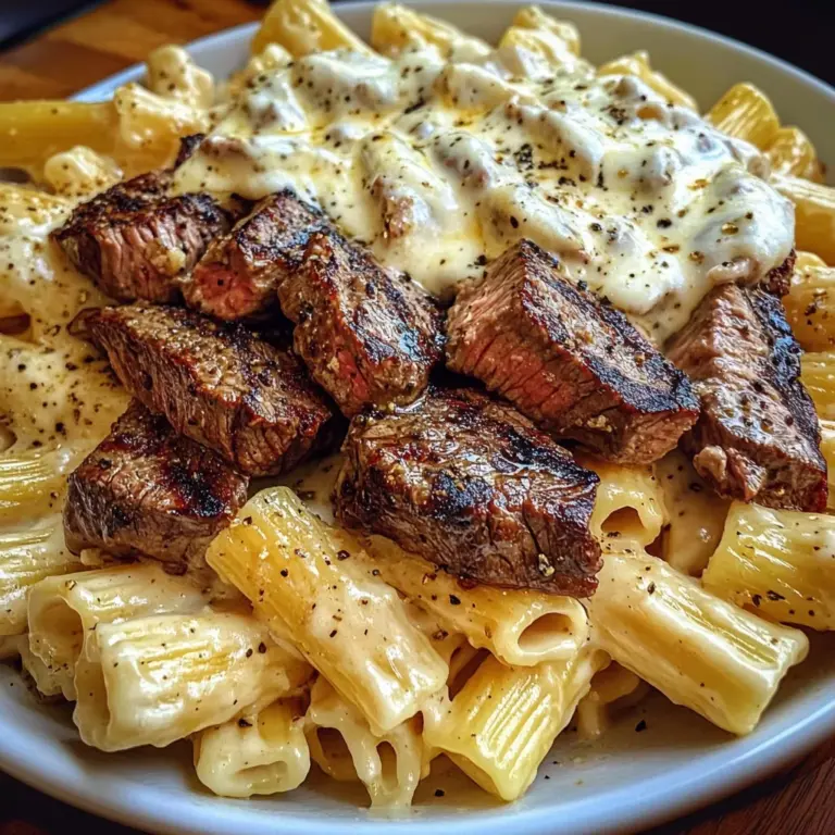 Garlic Butter Steak and Cheesy Rigatoni Alfredo