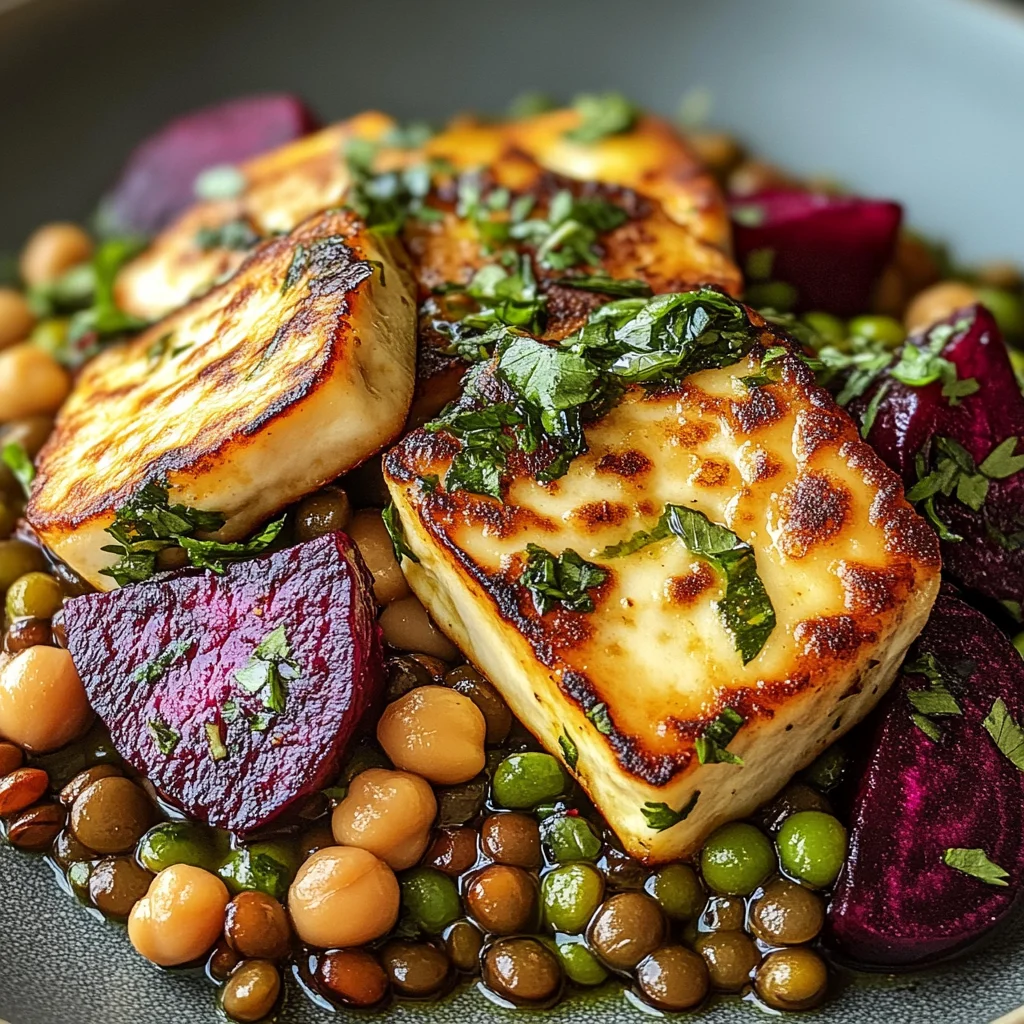 Halloumi with Lemony Lentils, Chickpeas and Beets