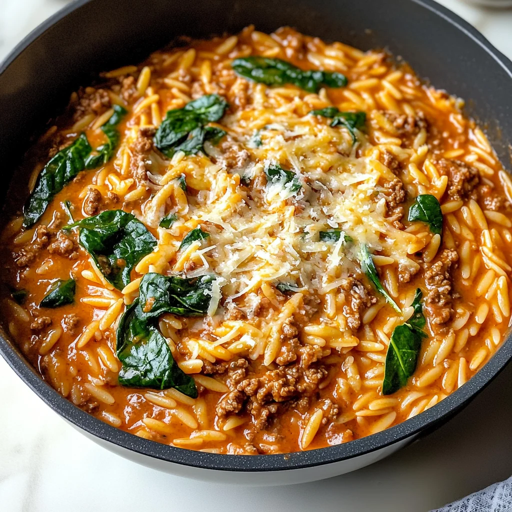 Hearty Ground Beef Orzo with Tomato Cream Sauce