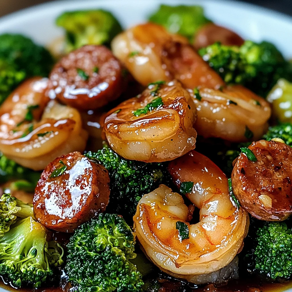 Honey garlic shrimps, sausage and broccoli