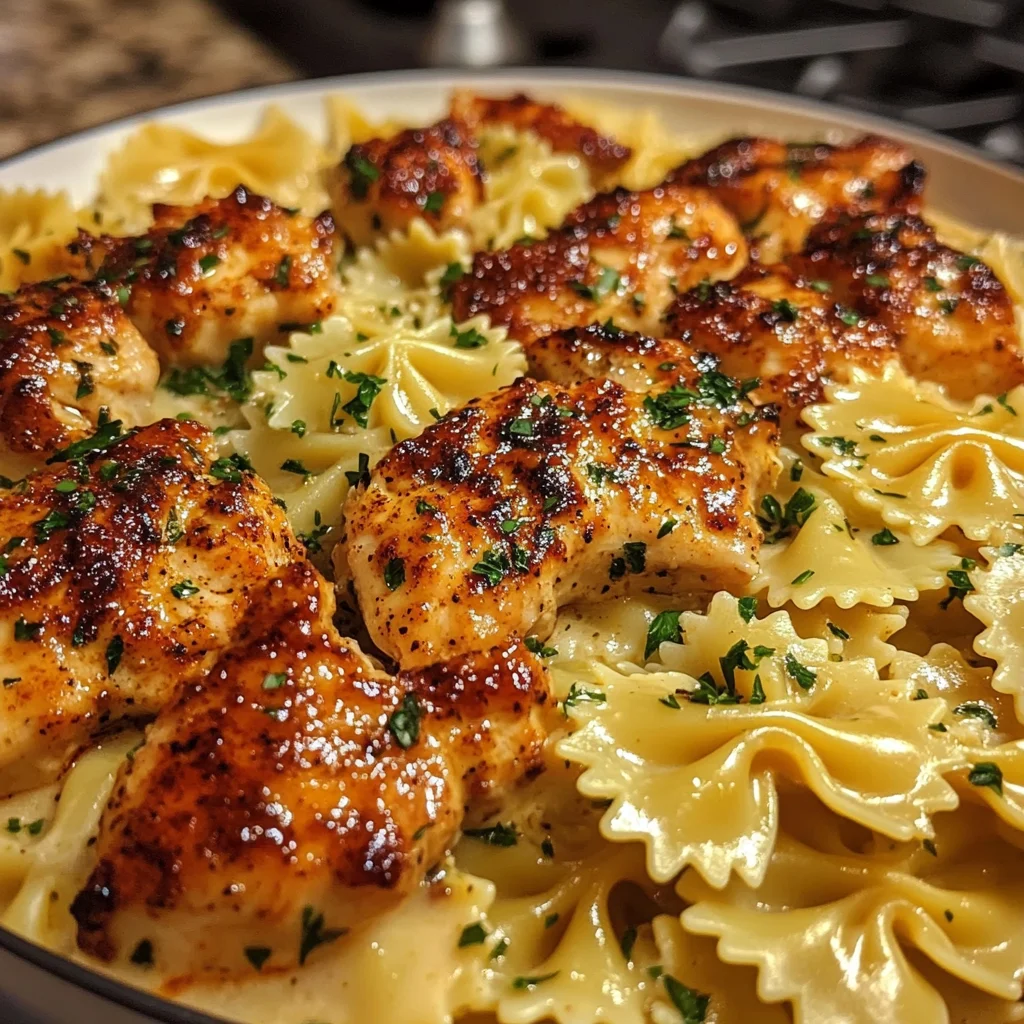 Spicy Cajun Garlic Chicken Bowties with Provolone Mozzarella Sauce