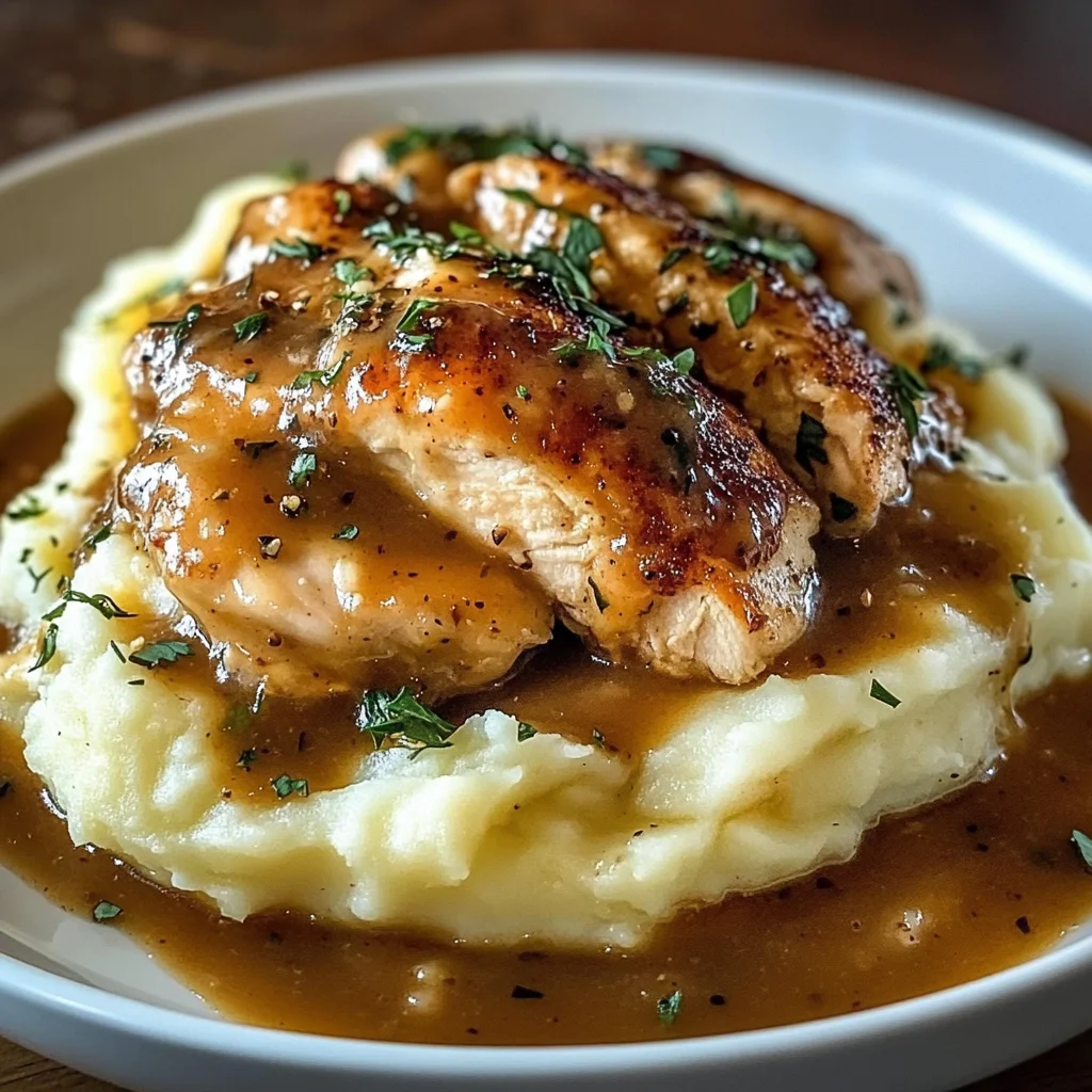 Chicken and Garlic Gravy with Cheesy Mashed Potatoes