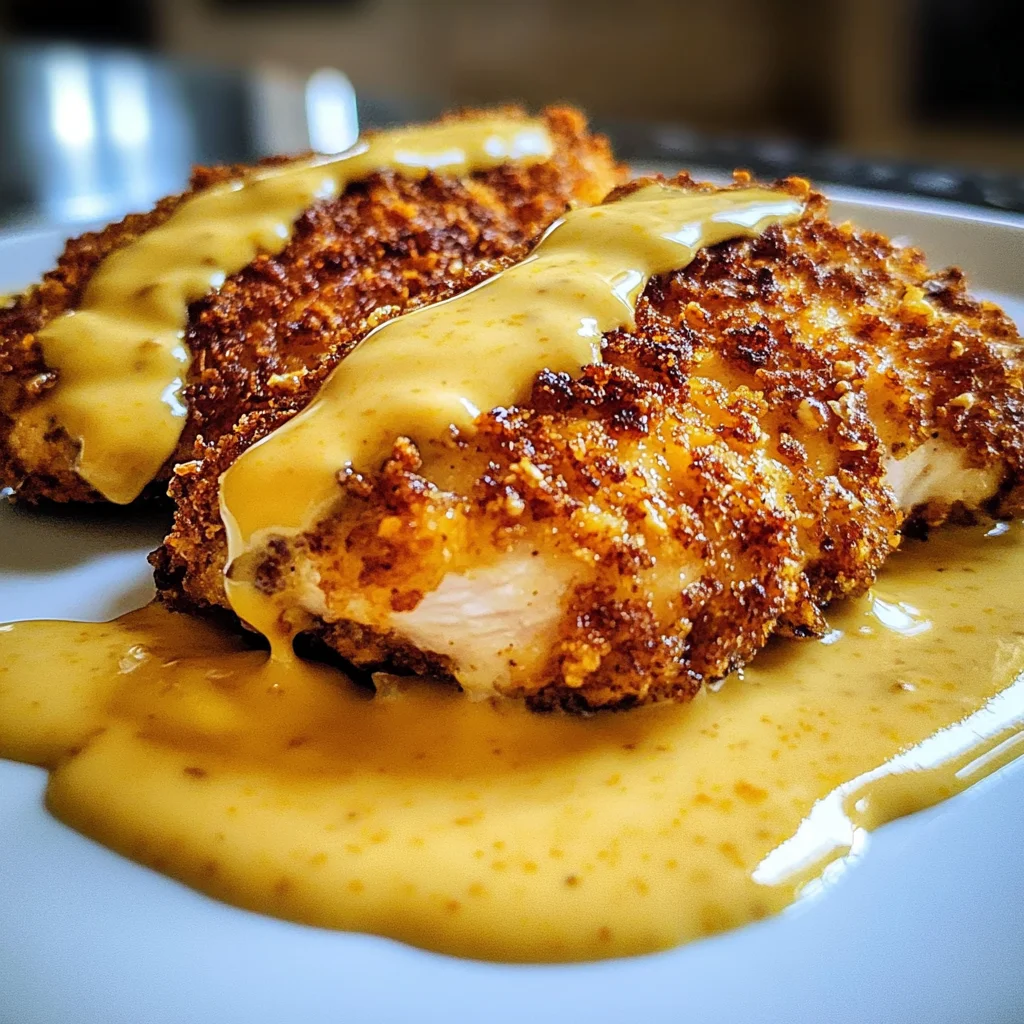 Savory Pretzel Chicken with Mustard-Cheddar Sauce Delight