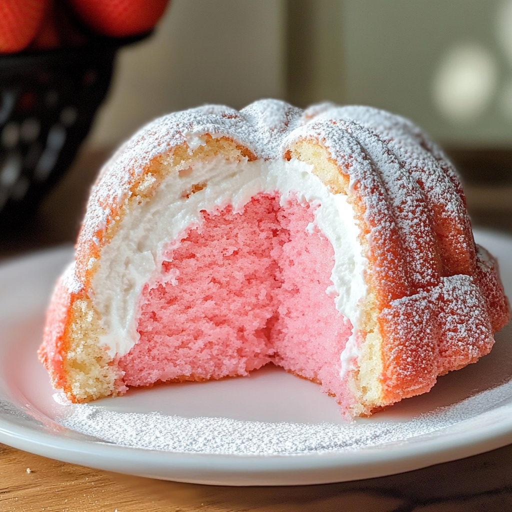 Strawberry Marshmallow Cake (Strawberry Bundt Cake with Marshmallow Cream Filling)